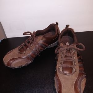 Skechers Womens Bikers Shoes Sz 8 Athletic Brown Leather/Synthetic Lace Up
